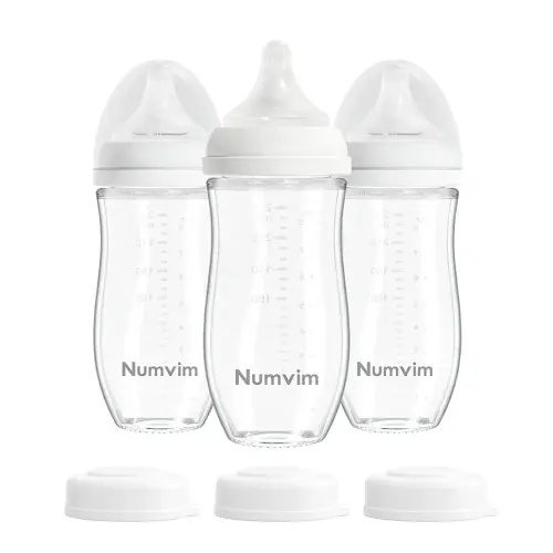 Glass Nurturing Baby Bottles for Breastfeeding Babies, Baby Essentials, Gentle Medium Flow, Wide Neck Bottle with Anti Colic Nipple for 3 Months Babies, 3 Packs (White, 8oz)