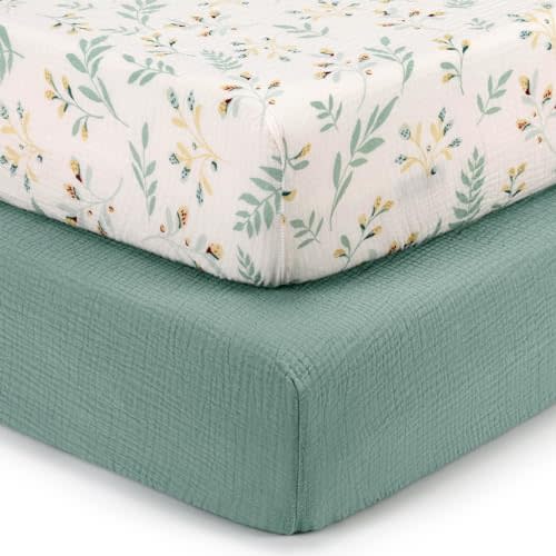 Muslin Crib Sheets for Girls and Boys, Cotton Boho Neutral Fitted Baby Crib Sheet for Standard Crib Mattress & Toddler Bed Mattress (52"x28"), Soft and Breathable, 2 Pack (Roman Green&Leaf)