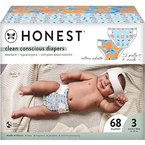 The Honest Company Clean Conscious Diapers | Plant-Based, Sustainable | Orange You Cute + Feeling Nauti | Club Box, Size 3 (16-28 lbs), 68 Count