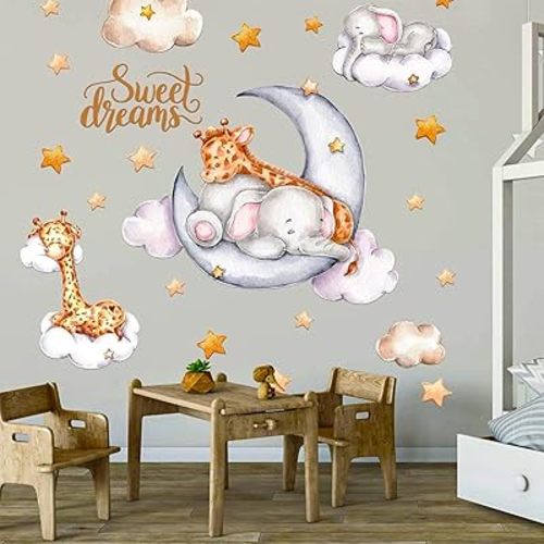 Giraffe Elephant Sleeping on The Moon and Stars Wall Stickers for Kids Baby Room Decor Sweet Dream Moon Hot Air Balloon Star Baby Nursery Decor Baby Shower Room Interior Decor Kid