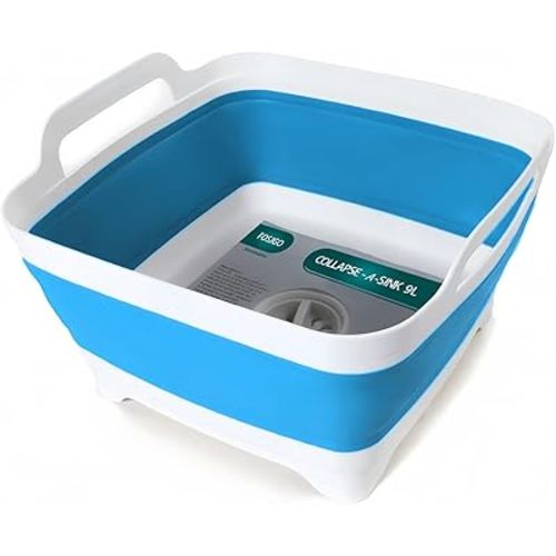 FOSJGO Dish Basin Collapsible with Drain Plug Carry Handles for 9 L Capacity, Collapsible Sink Tub, Dish Wash Basin, Portable Dish Tub, Foldable Dishpan for Camping Dish Washing Tub and RV Sink