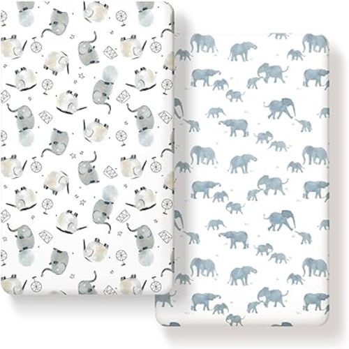 GRSSDER Stretchy Ultra Soft Jersey Knit Fitted Crib Sheets Set 2 Pack,Universal Fit All Standard Crib Mattress Pads Safe and Snug, Stylish Crib Fitted Sheet for Boys and Girls, Cute Elephant