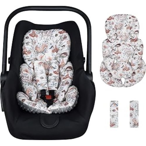 Infant Car Seat Insert Cushion, Super Soft Baby Car Seat Head Support & 2 Straps Pads, Reversible Preemie Newborn Carseat Insert, Fit Car Seat, Stroller, Infant Bouncer, Gray Animals