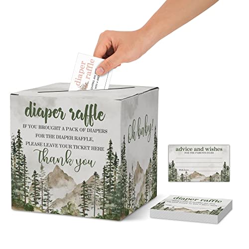Diaper Raffle Tickets For Baby Shower, Forest Themed Baby Shower Card Box and Advice Cards, Party Favors Decorations Supplies Game Cards, 1 Card Collection Box & 50 Cards Per Pack(bb003 hezi)