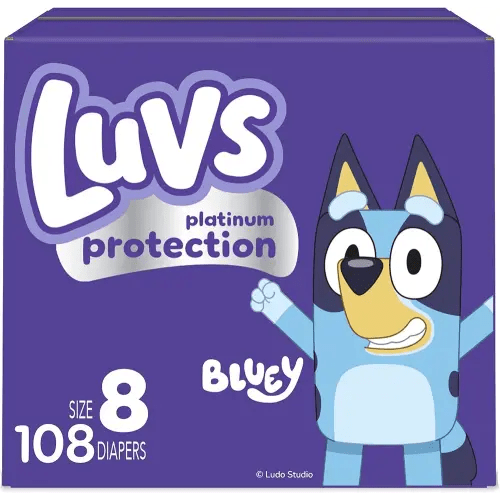 Luvs Size 8 Baby Diapers, Platinum Protection Bluey Diapers for Day & Night,Size 8, 108 Count