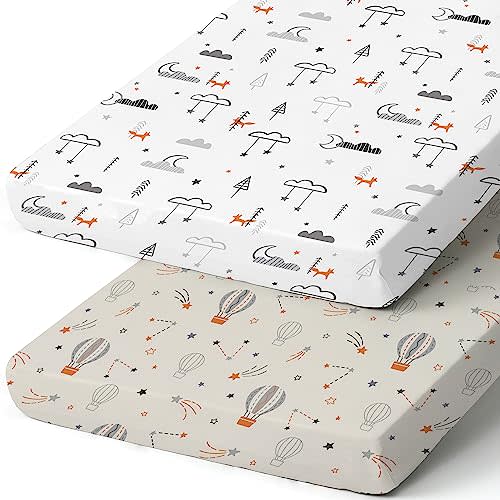 Pack n Play Sheets, BROLEX 2 Pack Mini Crib Sheets,Stretchy Portable Fitted Playard Sheet Set, Convertible Playard Mattress Cover,Ultra Soft Breathable Material,Starsmoon Balloon