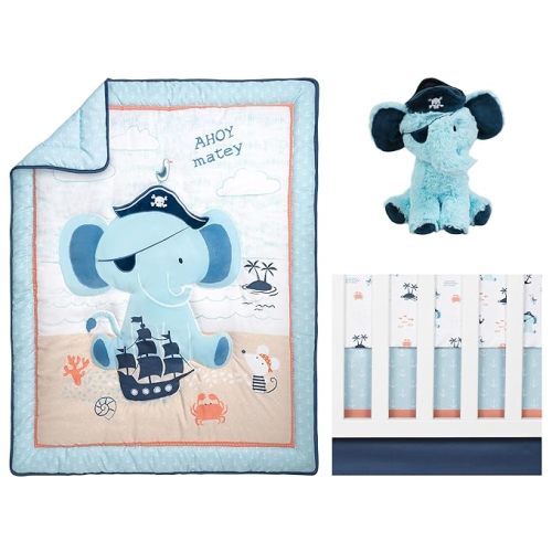Sammy & Lou Ahoy Archie 4-Piece Baby Nursery Crib Bedding Set for Boys, Includes Quilt, Fitted Crib Sheet, Crib Skirt, and Plush Toy