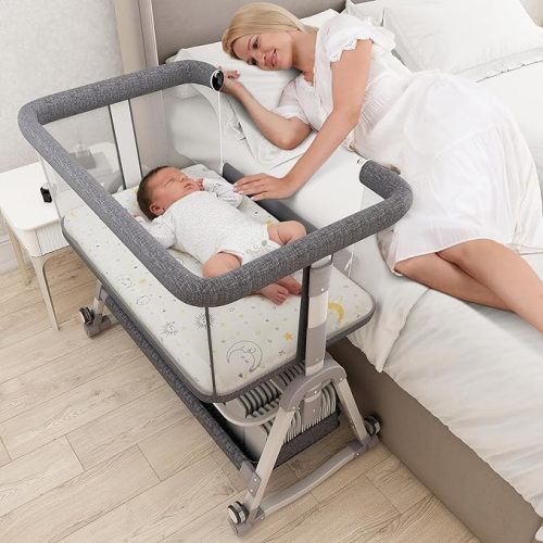 Baby Bassinet Bedside Sleeper with Rocking - All Mesh Portable Bedside Crib for Safe Co-Sleeping, Storage Basket and Wheels, Adjustable Height, Includes Travel Bag, Mosquito Net