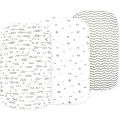 Baby Bassinet Sheet Set for Boy and Girl, 3 Pack Organic Universal Fitted for Oval, Hourglass & Rectangle Bassinet Mattress, Fitted Sheets Size 32 x 16 x 4 Inches, Grey-White - Grey/White - Standard Bassinet (3 Pack)