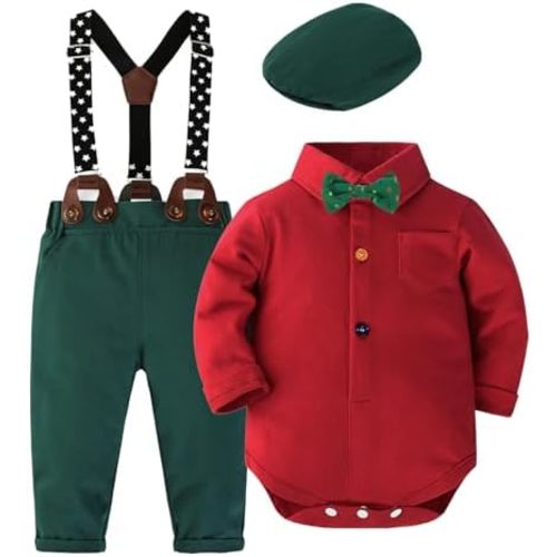 SALNIER Baby Boy Dress Suit Clothes Sets Infant Tuxedo Gentleman Suits Outfits Bowtie Shirt Suspenders Pants Beret Hat
