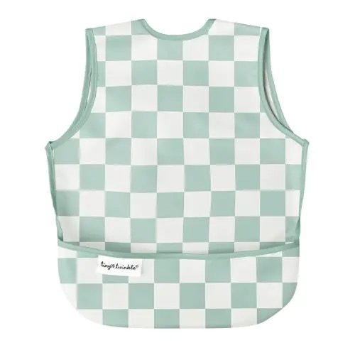 Tiny Twinkle Mess Proof Baby Bib - Waterproof & Lightweight Baby-Led Weaning Apron | 100% Recycled Polyester, Easy Clean & Machine Washable (Green Checkers, Small 6-24 Months)