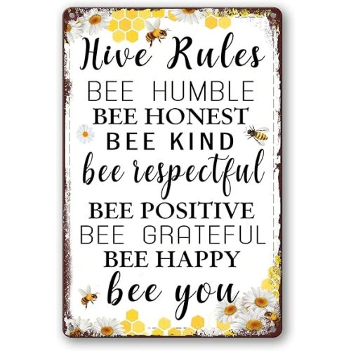 Bee Hive Rules Sign, 12 x 8 Inch, Metal, Decorative Sign, Beekeeping, Wall Mount, Yellow, Brown