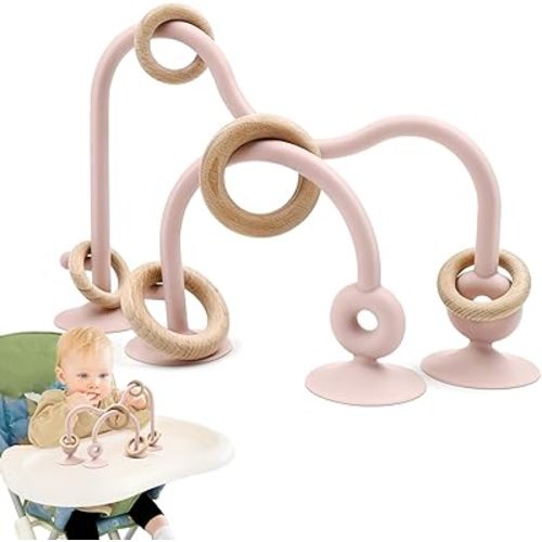 Baby Sensory Teething Chew High Chair Suction Toys for Infant Toddlers 6 12 18 24 Months Gifts, Food Grade Silicone Teether with Oak Loop Montessori Educational Baby Bath Toy (Pink)