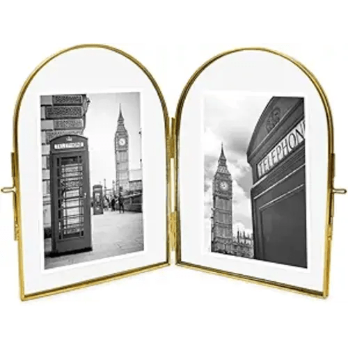 Isaac Jacobs 4x6 Vintage Style, Double-Sided Arched Brass & Glass Metal Floating Picture Frame with Locket Closure (Vertical), Made for Tabletop Display (4x6 Vertical, Antique Gold)