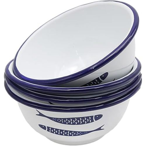 4Pcs 20oz Enamelware Vintage Classic Round Cereal Bowl, Blue Enamelware, Cereal Bowl with Fish Pattern on The Surface, Solid White/Blue Rim