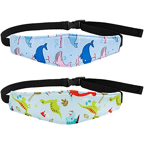HESTYA 2 Pieces Baby Carseat Head Support Band Strap Headrest Stroller Seat Sleeping Headrest Neck Relief Head Strap Headband for Kids Children Toddler Infant(Dinosaur and Dolphin)