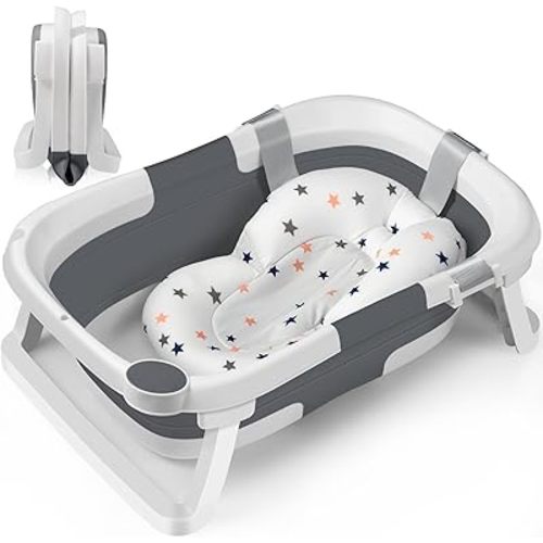 DEANIC Baby Bathtub for Newborns & Infants (0–12 Months), Foldable Baby Bath Tub for Easy Storage, Soft Support Cushion for First Baths, Portable for Indoor & Travel Use (Grey)