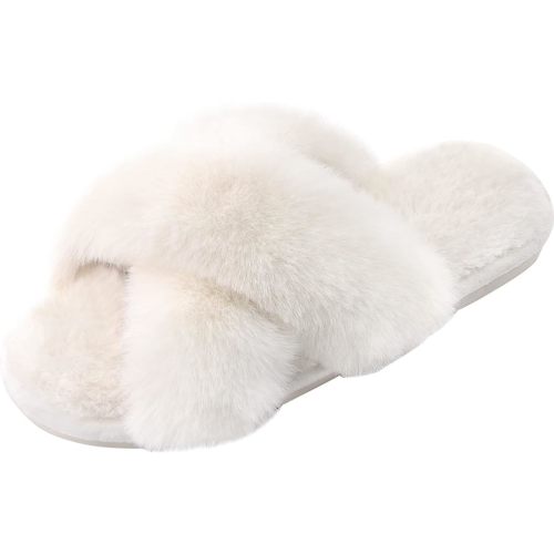 Women's Fuzzy Cross Band Slippers, Memory Foam House Shoes with Anti-Slip Rubber Sole, Open Toe Plush Fleece Indoor Slippers for Ladies, Cozy Gifts for Women