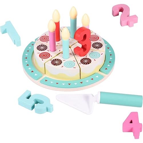 Birthday Cake Cutting Toys, Wooden Play Food Set for Kids Toddlers, Pretend Play Kitchen Toys for Boys Girls