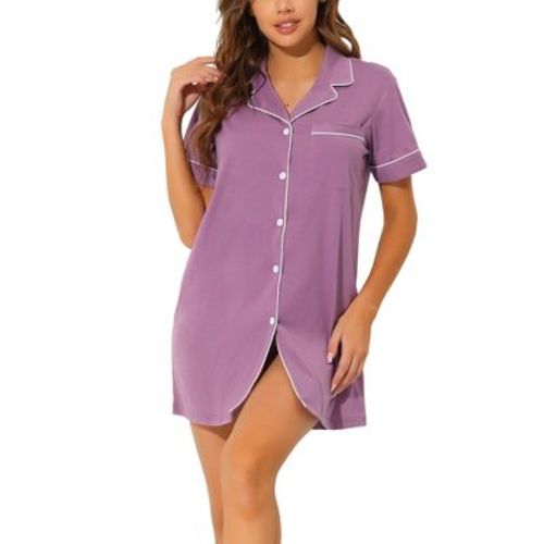 cheibear Women's Notched Collar Button Down Pajama Shirt Dress with Pocket Pink X-Small