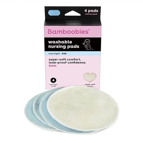 Bamboobies Reusable & Washable, Ultra-Absorbent Overnight Nursing Pads for Breastfeeding, Super Soft Rayon Made From Bamboo, Milk Proof Liner, Natural, 2.4 Oz, 4 Count