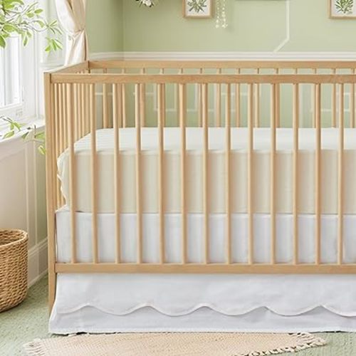 Brandream Scallop Edge Cotton Crib Skirt Toddler Bedskirt Baby Nursery Crib Bed Skirt Double Layer Boho Bohemian Neutral Solid Color Cream Off White Crib Bedding Skirt