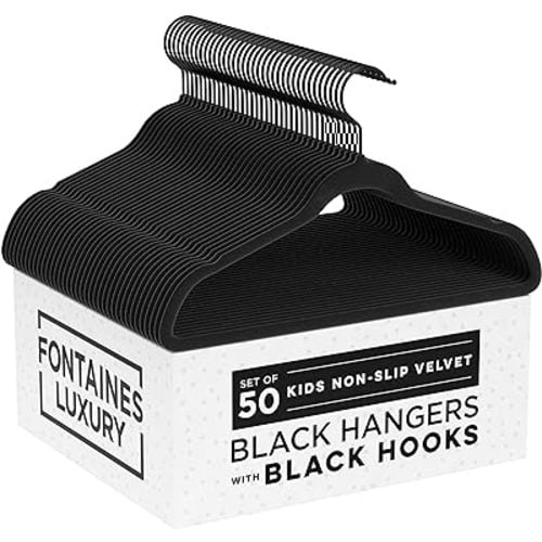 Fontaines Luxury Kid's Black Velvet Felt Non Slip Clothes Hangers 50 Pack - Ultra Slim & Space Saving - Heavy Duty Swivel Black Hook for Children's Clothing, Shirt, Dress, Skirt & Pants Organization