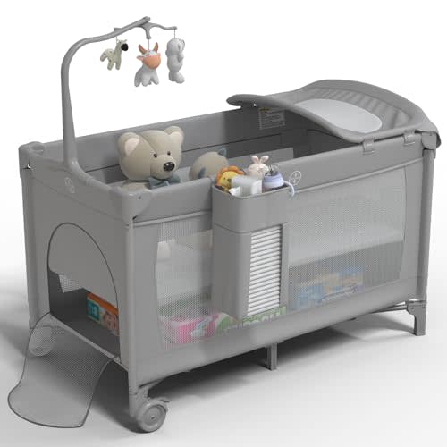5 in 1 Pack and Play, Baby Bassinet Bedside Sleeper, Extra Large Baby Playard with Wheels, Bedside Crib with Changing Table, Foldable Travel Playard for Newborn to Toddles (Gray)