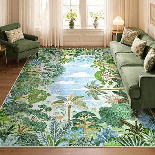 Lahome Summer Jungle Rug, Washable Rugs 5x7 for Bedroom, Green Forest Soft Rug for Living Room, Summer Season Non Slip Non Shedding Dining Room Carpet for Under Table Classroom Entryway