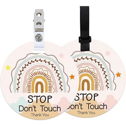 ORIGACH 2 Pack Rainbow No Touching Baby Signs, Stop Do Not Touch Baby Car Seat Sign Stroller Tags with Hanging Strap and Clip, No Touching Baby Sign for Newborn Baby Boy Girl