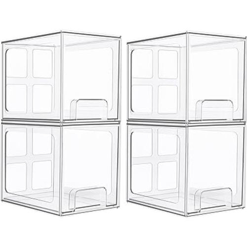 Vtopmart 4 Pack Stackable Storage Drawers, 6.6''Tall Acrylic Bathroom Makeup Organizers,Clear Plastic Storage Bins For Vanity, Undersink, Kitchen Cabinet,Pantry Organization and Storage