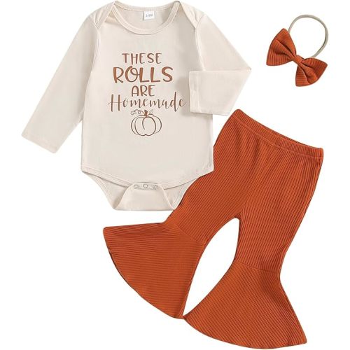 Kuriozud Newborn Baby Girl Bell Bottom Outfit Ruffle Romper Cute Bow Flare Pants Set Headband Cute Clothes