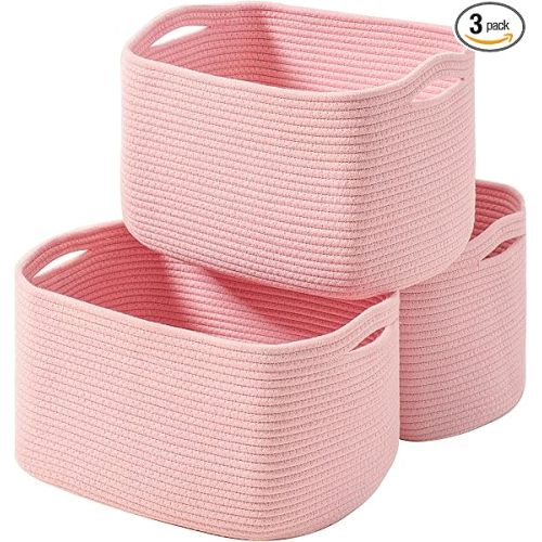 ICERZCZ Storage Baskets for Organizing Shelves, Pink Basket for Nursery, Woven Cotton Rope Baskets for Storage, Towel Basket for Bathroom, 15"x11"x9.5", 3 Packs, Light Pink