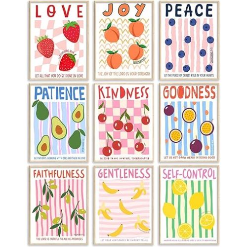 Fruit of the Spirit Bible Verses Wall Art Minimalist Striped Christian Poster Colorful Scripture Picture Galatians 5:22 Spiritual Faith Painting Print Artwork for Dining Room Kitchen Church, Unframed