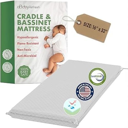 Cradle Baby Mattress and Bassinet Mattress 16x32 – 2-Inch Firm Foam Baby Bed with Waterproof Vinyl Cover – Non-Toxic Hypoallergenic Cushion Pad Replacement for Infant Bed (Multiple Standard Sizes)