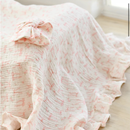 Little and Fern Frill Muslin Blanket, Bow Floral
