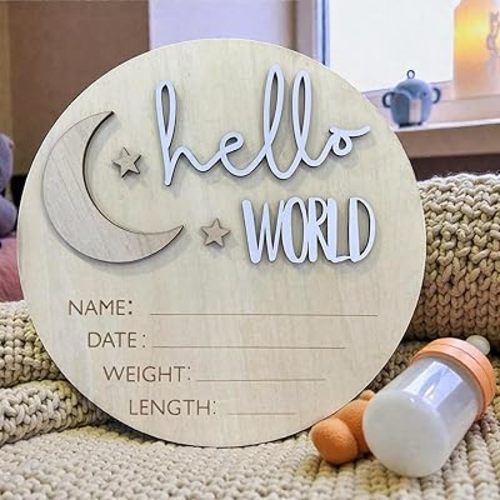 Hello World Birth Announcement Sign – Wooden Newborn Birth Stats Plaque, Baby Name Announcement Sign, Matte White Acrylic Hello World Wooden Plaque (01)