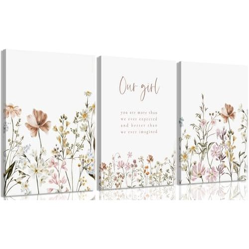 ZLXARTLA 3 Pcs Wildflower Canvas Wall Art Girl Nursery Wall Decor Flower Print picture Floral Botanical Painting artwork for Baby Girl Nursery Decor Inspirational Wall Art Office Decoration,12x16in