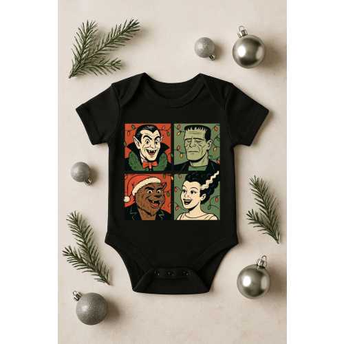 Classic Monsters Christmas Baby Bodysuit - Horror Holiday Baby Onesie - Gothic Xmas Infant Outfit - Universal Monsters Lights Bodysuit