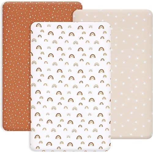 PHF 3 Pack Soft Mini Crib Sheets, Rainbow Silky Pack N Play Sheets for Baby Boys Girls, Universal Fit for Pack N Play, Playard, Portable and Mini Crib Mattresses, Rainbow