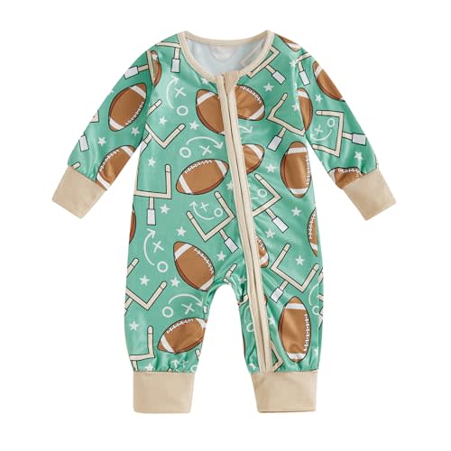Dewadbow Baby Boy Girl Football Outfit Football Print Long Sleeve Zip Up Romper Jumpsuit Infant Boys Girls Fall Winter Outfit