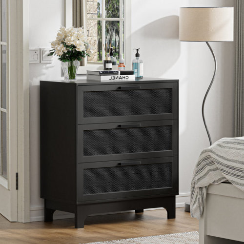 Ebern Designs Paison 35" H Black Rattan Dresser, Farmhouse 3 Drawer Dresser for Bedroom & Reviews | Wayfair