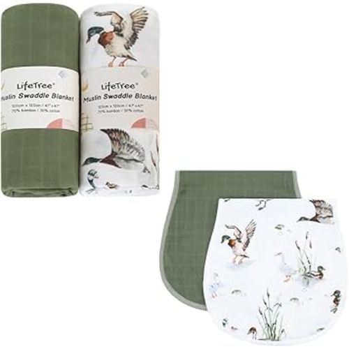 LifeTree Muslin Swaddle Blankets, Baby Burp Cloths for Boys Girls Neutral Newborn, Soft 70% Viscose from Bamboo and 30% Cotton Mallard Duck & Olive