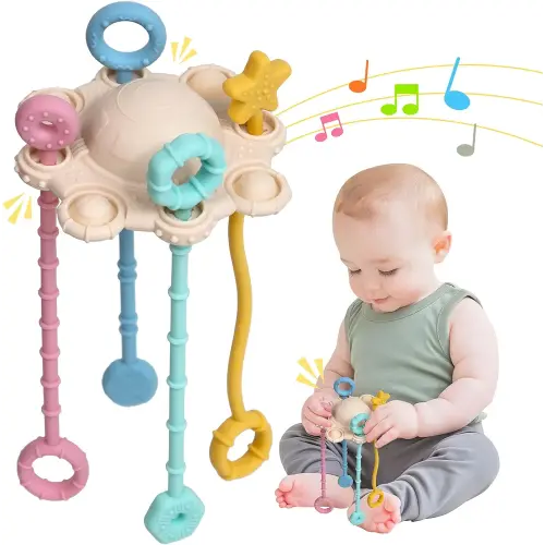 Montesorri-Toys - Montessori Pull String Toy - Made of 100% Food Grade Silicone with Built-in Rattle Function and Easy to Clean Design (Cream Color)