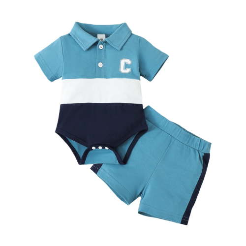 OLLUISNEO Newborn Baby Boys Clothes Button Neck Short Sleeve Patchwork Romper Elastic Shorts Set Baby Boys Outfit Set 1-3 Months