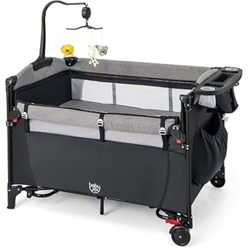 BABY JOY 5-in-1 Pack and Play, Baby Bedside Sleeper with Bassinet, Multifunction Bedside Crib from Newborn to Toddlers, U-Shaped Diaper Changer, Playard, Safety Strap, Music Box & Hanging Toys