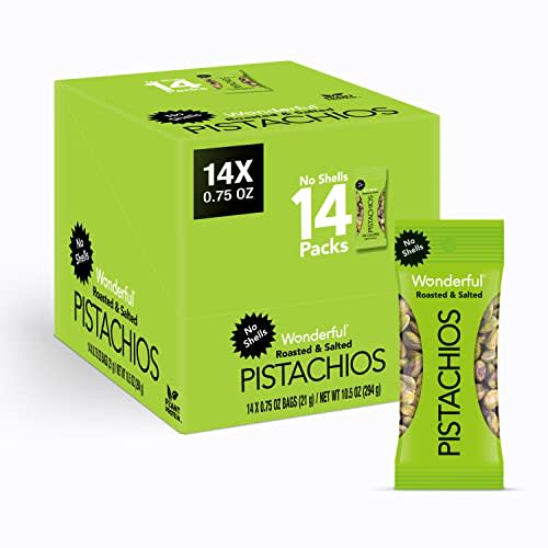 Wonderful Pistachios No Shells, Roasted & Salted Nuts, 0.75 Ounce Bag (Pack of 14), Protein Snacks, Vegan Snacks, On-the-Go, Individual Snacks for Adults