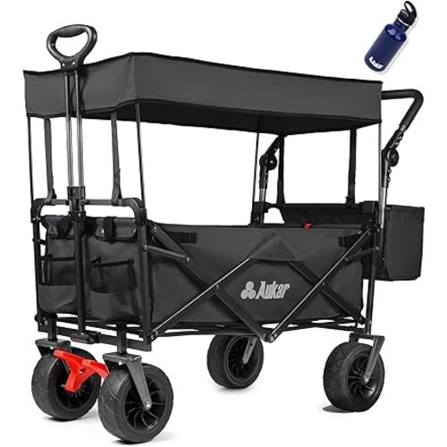 Collapsible Canopy Wagon - Heavy Duty Utility Outdoor Garden Cart - with Adjustable Handles, for Shopping, Picnic, Camping, Sports - Black