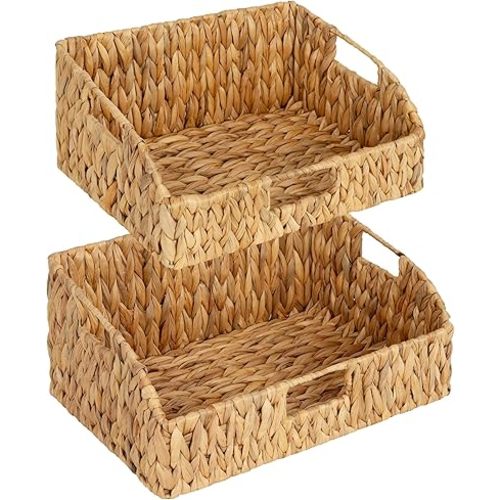 StorageWorks Pantry Baskets for Organizing, Water Hyacinth Baskets for shelves with Built-in Handles, Pantry Organizers and Storage, Set of 2 (Large and Medium)