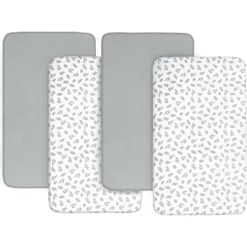 4-Pack Fitted Bassinet Sheets Compatible with Baby Delight, Dream On Me Skylar and Other Rectangle Bassinet Bedside Sleeper Mattress, Ultra Soft and Breathable, Grey Leaf
